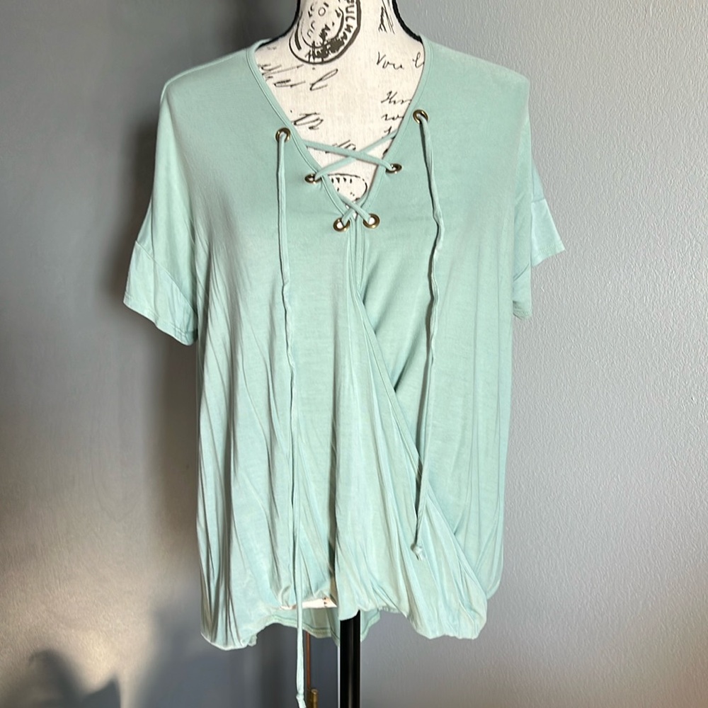 Lace up, faux wrap blouse
